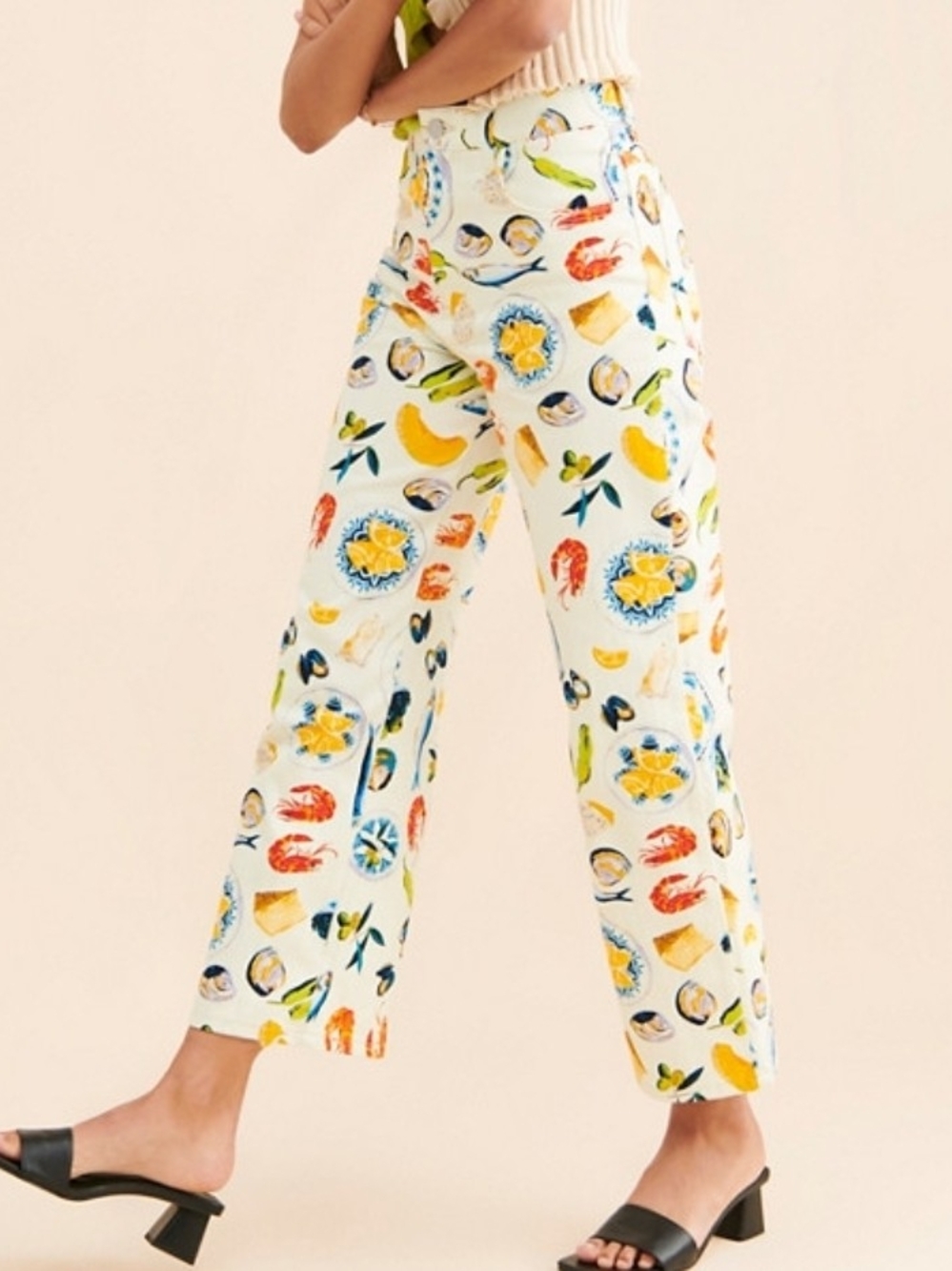 NWOT Lisa Says Gah Cream Printed Pants with Multicolor Seafood Tapas Motif Sz 8 - Picture 3 of 12